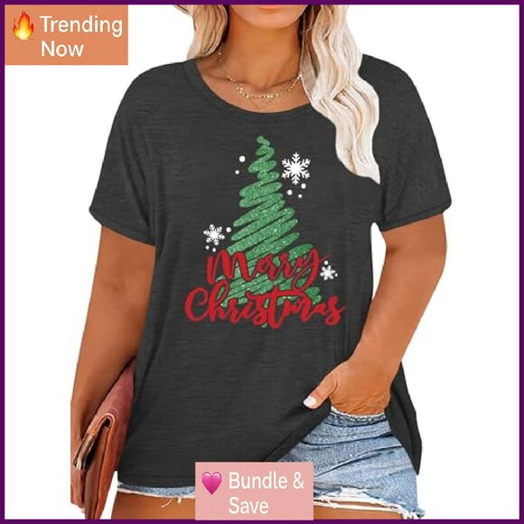 Plus Size Christmas Graphic Tee Short Sleeve Cotton Spandex Top Holiday Party - Picture 2 of 6